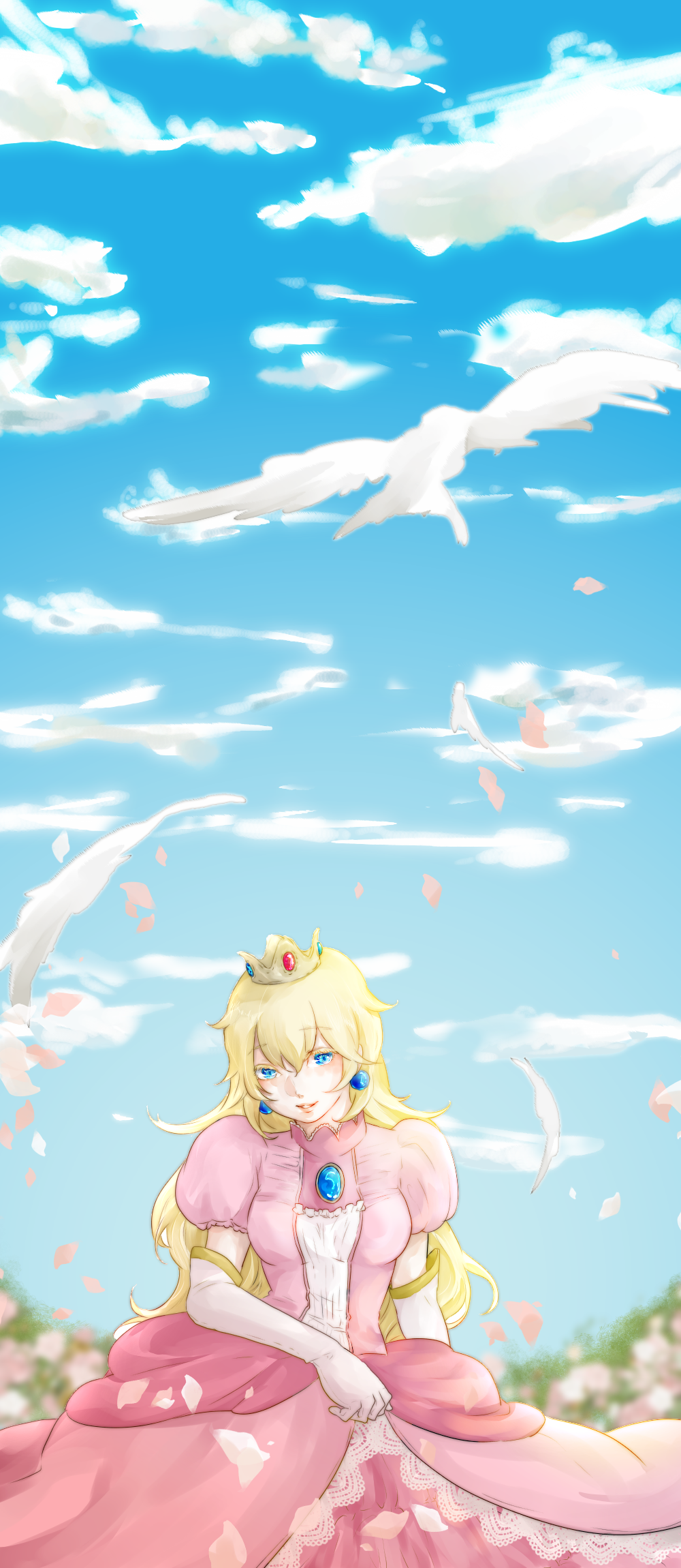 1girl artist_request blonde_hair blue_eyes clouds crown dress earrings female gloves jewelry long_hair super_mario_bros. nintendo petals princess_peach sky smile super_mario_bros.