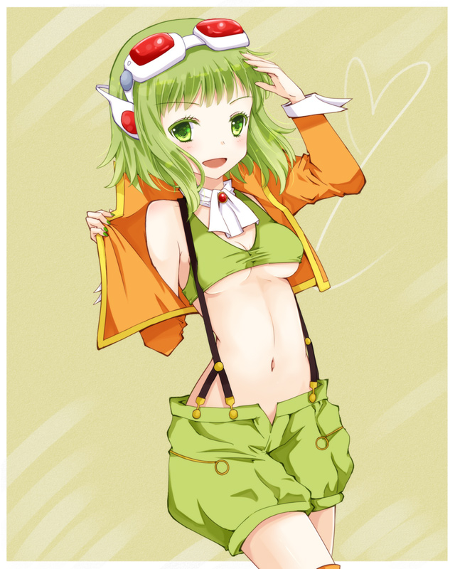 1girl breasts cravat female goggles green_eyes green_hair gumi nail_polish shorts solo suspenders under_boob vocaloid