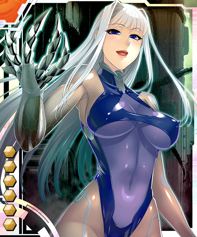1girl armpits bangs blue_eyes bodysuit breasts breasts_apart card_(medium) claws covered_navel cowboy_shot erect_nipples fujisaki_ai gauntlets hair_intakes hand_up hexagon hips impossible_clothes koukaku_no_ai large_breasts long_hair official_art open_mouth shiny shiny_clothes skin_tight smile solo taimanin_asagi_battle_arena taut_clothes tongue turtleneck very_long_hair white_hair zol