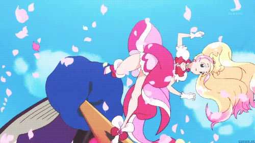1girl animated animated_gif blonde_hair cure_flora dress earrings epic fighting gloves go!_princess_precure haruno_haruka jewelry long_hair magical_girl multicolored_hair petals pink_hair precure two-tone_hair white_gloves zetsuborg