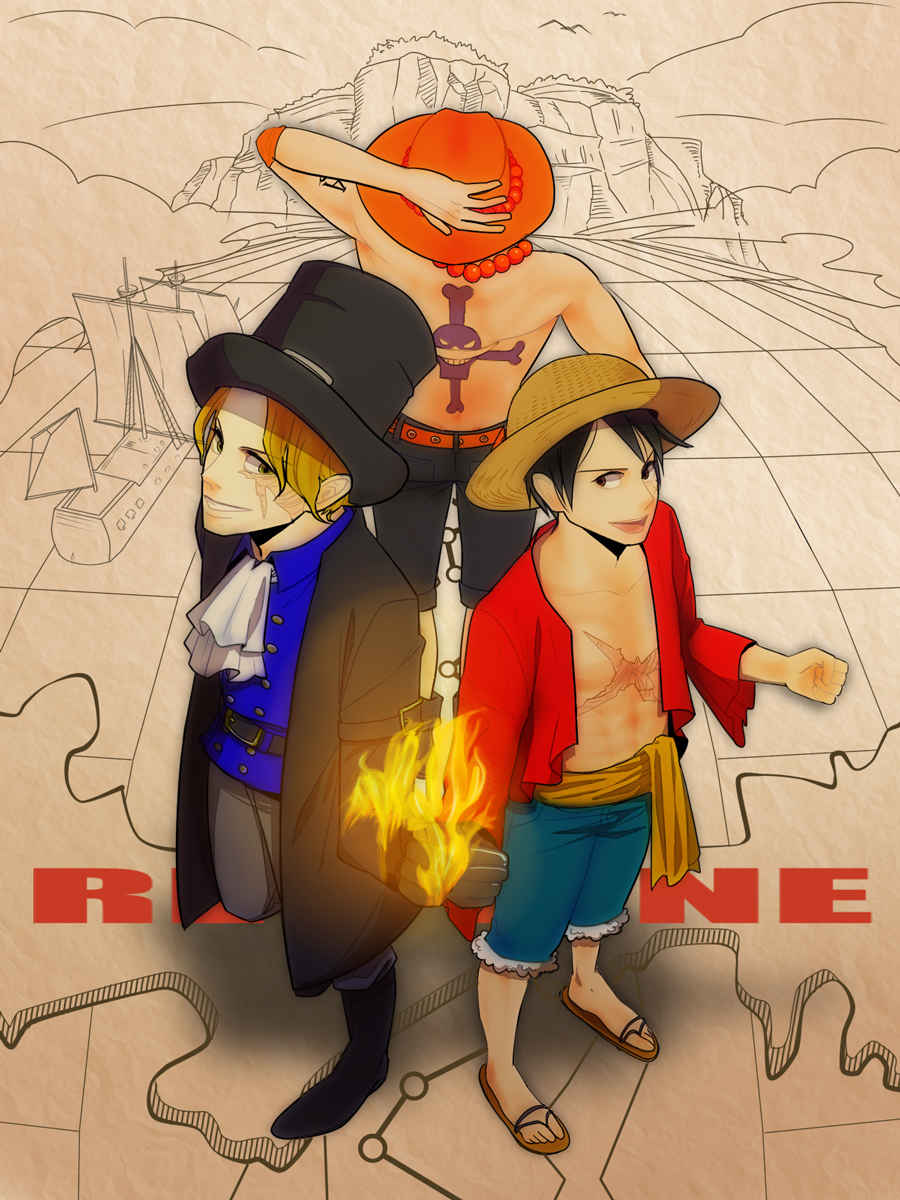 3boys belt boots brothers coat cravat hat jolly_roger long_sleeves male_focus monkey_d_luffy multiple_boys one_piece open_clothes open_shirt pirate portgas_d_ace sabo_(one_piece) sandals sash scar shirt shorts siblings straw_hat tattoo time_paradox top_hat topless trio