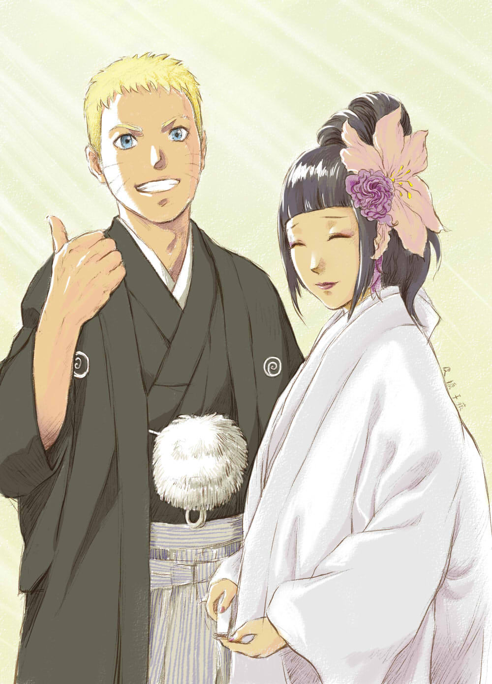 1boy 1girl alternate_hairstyle artist_request flower hair_flower hair_ornament husband_and_wife hyuuga_hinata japanese_clothes naruto naruto:_the_last thumbs_up uzumaki_naruto whisker_markings whiskers
