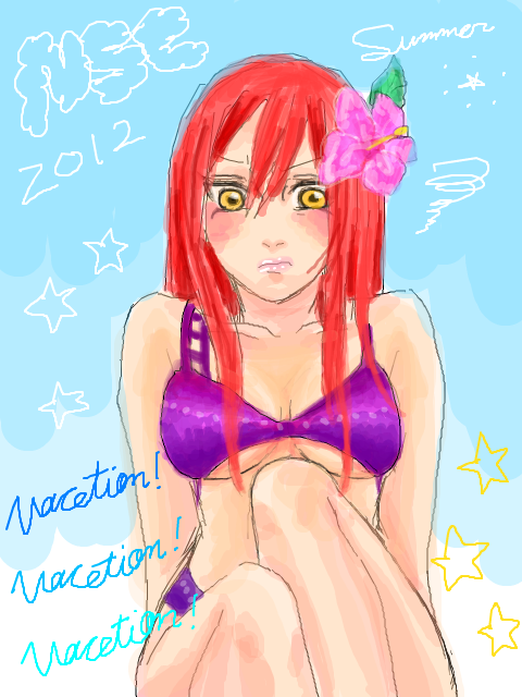 10s 1girl 2012 bikini flower hair_flower hair_ornament long_hair looking_at_viewer naruto purple_bikini purple_swimsuit redhead sitting sketch solo swimsuit tayuya yellow_eyes