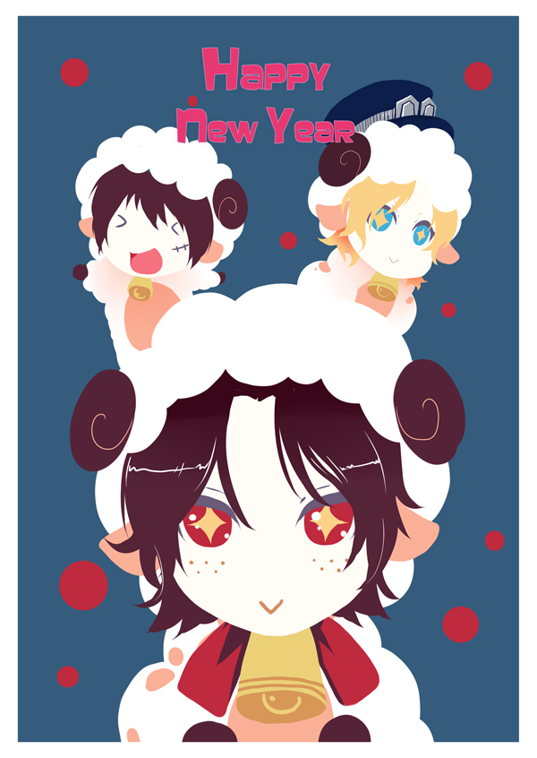 10s 2015 3boys bell blonde_hair brothers brown_hair chibi collar freckles horns monkey_d_luffy multiple_boys new_year one_piece portgas_d_ace sabo_(one_piece) sheep siblings