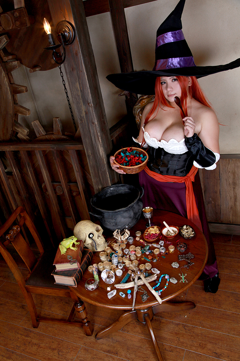 1girl asian bowl breasts chouzuki_maryou cosplay dragon's_crown hat hips large_breasts photo plump redhead skull solo sorceress sorceress_(dragon's_crown) sorceress_(dragon's_crown)_(cosplay) staff table thick_thighs thighs wide_hips witch_hat