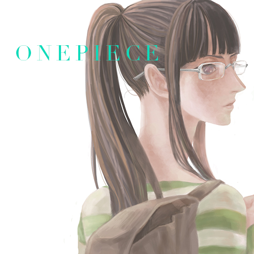 1girl bag bangs black_hair blunt_bangs blush copyright_name female glasses long_hair long_sleeves looking_to_the_side nico_robin one_piece one_piece:_strong_world ponytail rimless_glasses shirt simple_background solo striped striped_shirt upper_body white_background