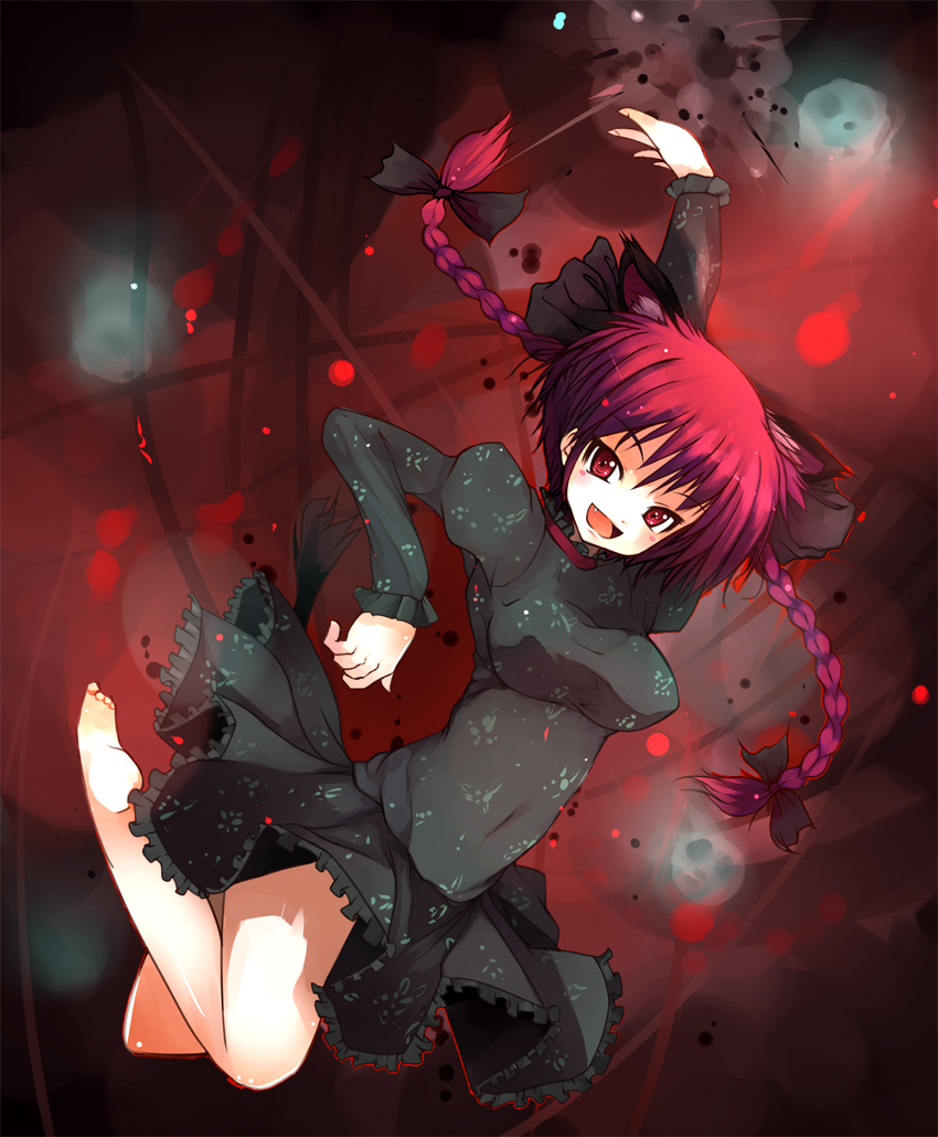 animal_ears barefoot blush_stickers braid cat_ears dress error extra_ears fang impossible_clothes impossible_dress ippongui kaenbyou_rin looking_at_viewer open_mouth red_hair redhead ribbon smile touhou twin_braids twintails wrong_feet