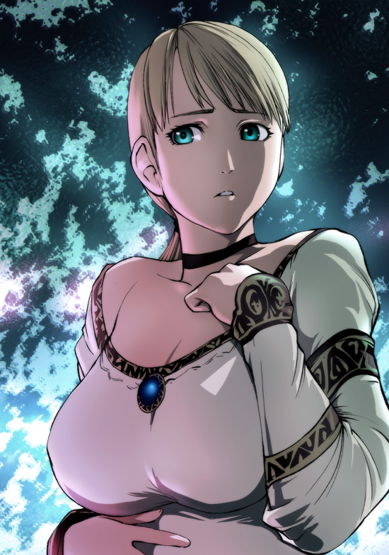 1girl aqua_eyes bangs blonde_hair blouse breasts brooch bust choker collarbone demento fiona_belli jewelry large_breasts parted_lips ponytail scared solo ueyama_michirou