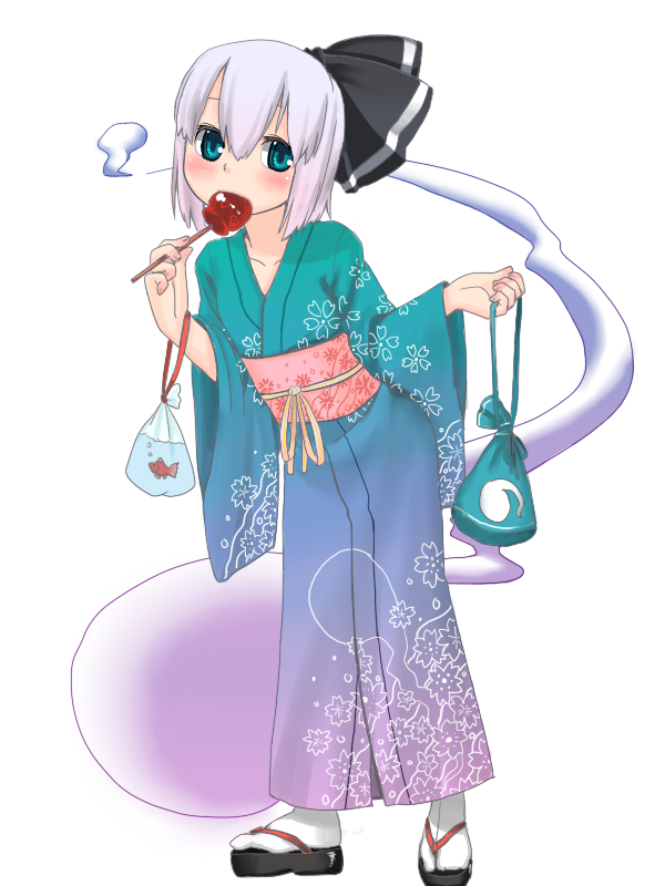 blush candy_apple clog_sandals hair_ribbon hairband japanese_clothes kimono kinchaku konpaku_youmu konpaku_youmu_(ghost) muku-coffee myon obi ribbon short_hair silver_hair simple_background solo tabi touhou yukata