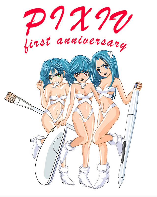 art_brush bad_id bikini blue_eyes blue_hair boots brown_eyes campaign_girl computer_mouse etohito green_eyes legs long_hair mouse multiple_girls paintbrush personification pixiv short_hair stylus swimsuit twintails