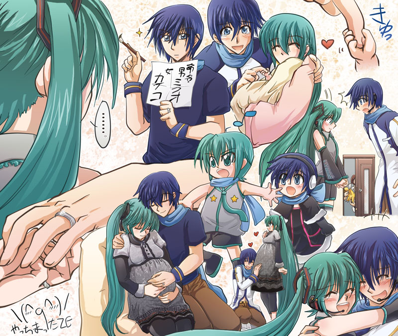 aqua_hair baby blue_eyes blue_hair blush chibi child closed_eyes couple detached_sleeves family genderswap green_eyes green_hair hands hatsune_miku hatsune_mikuo headphones heart hug if_they_mated jewelry kagamine_len kagamine_rin kaiko kaito long_hair meiko necktie open_mouth pregnant ring salovesy scarf skirt surprise surprised thigh-highs thighhighs translation_request twintails very_long_hair vocaloid wedding_ring zettai_ryouiki