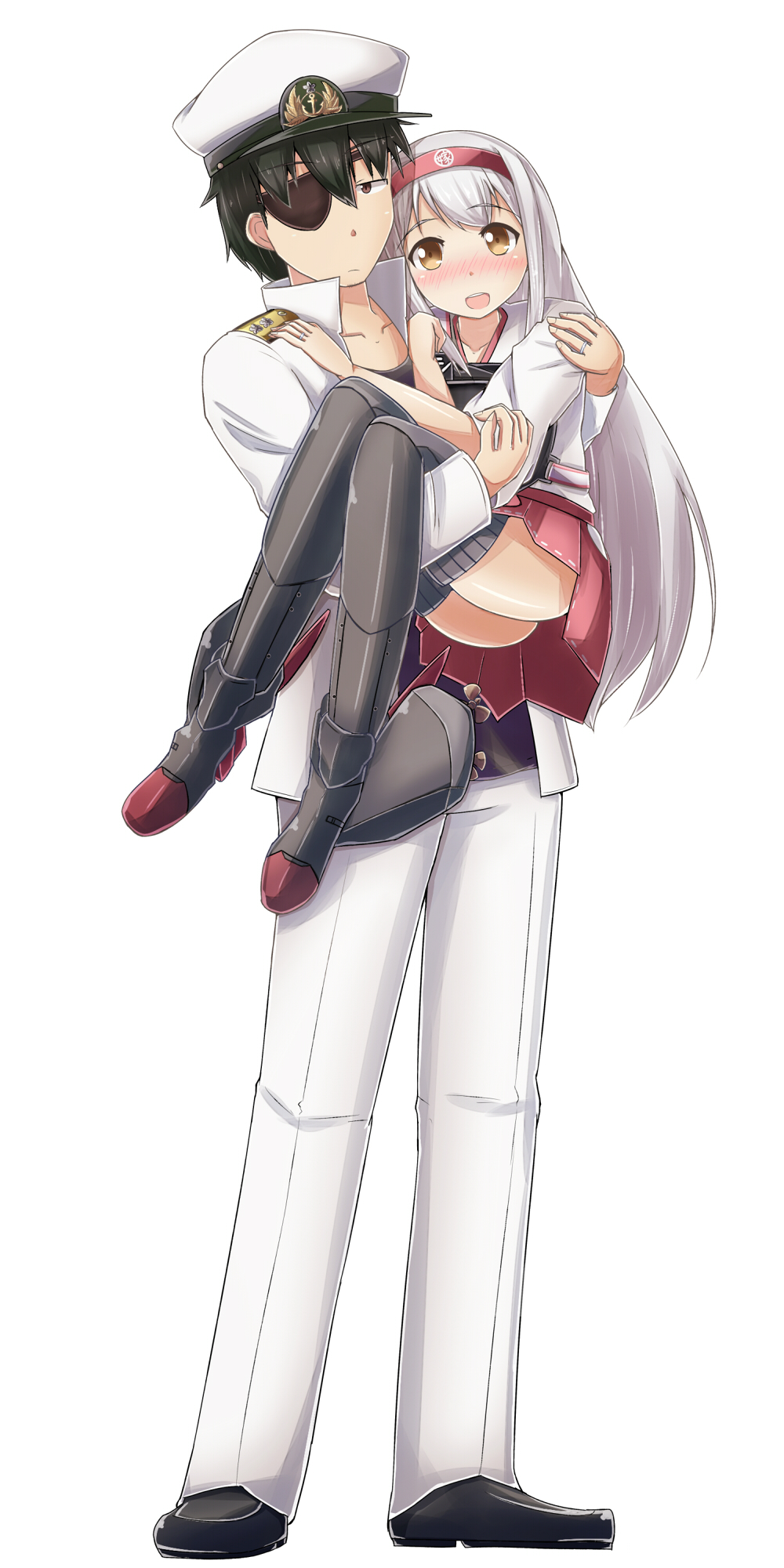 1boy 1girl admiral_(kantai_collection) beard black_legwear blush boots brown_eyes carrying eyepatch facial_hair hair_ornament hair_ribbon hairband hat highres japanese_clothes jewelry kantai_collection long_hair muneate naval_uniform open_mouth personification princess_carry ribbon ring shirt short_hair shoukaku_(kantai_collection) skirt smile thigh_boots thighhighs toramasakby turbine wedding_ring white_hair