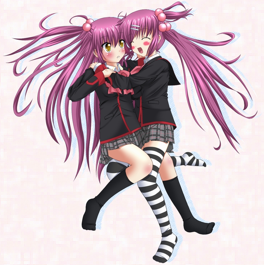 black_kneehighs black_legwear blush futaki_kanata kneehighs little_busters! little_busters!! long_hair plaid plaid_skirt purple_hair saigusa_haruka school_uniform skirt smile socks striped striped_legwear striped_thighhighs tartan thigh-highs thighhighs