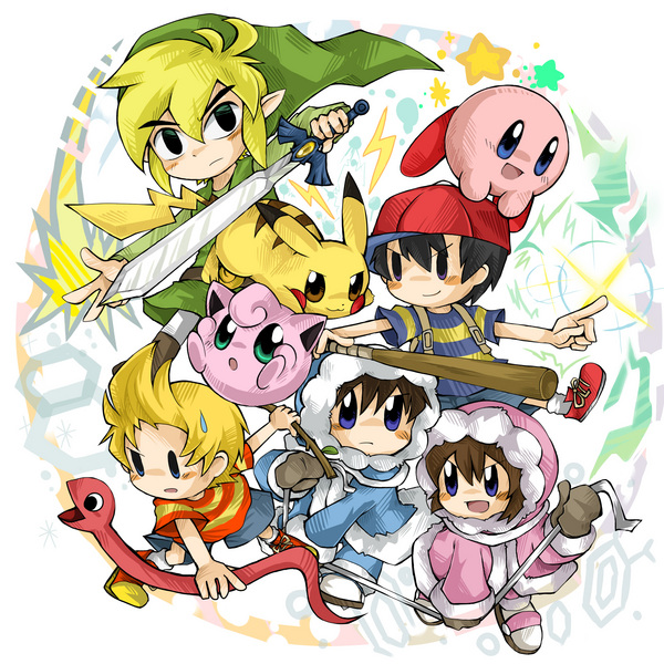 black_eyes black_hair blonde_hair blue_eyes brown_hair green_eyes hat ice_climber ice_climbers jigglypuff kirby kirby_(series) link lucas master_sword mother_(game) mother_2 mother_3 nana_(ice_climber) ness nintendo pikachu pointy_ears pokemon popo_(ice_climber) snake super_smash_bros. sweatdrop sword the_legend_of_zelda toon_link weapon