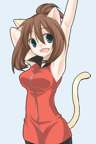 :d animal_ears armpits breasts brown_hair cat_ears cat_tail fang green_eyes haruka_(pokemon) kemonomimi_mode open_mouth pokemon short_hair simple_background smile solo standing stretch tail