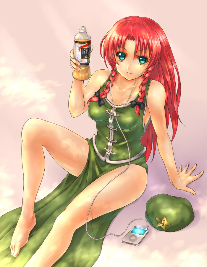 bad_id barefoot bottle braid breasts digital_media_player drink feet hat hat_removed headwear_removed hong_meiling ipod no_bra product_placement red_hair redhead solo takemori_shintarou touhou twin_braids