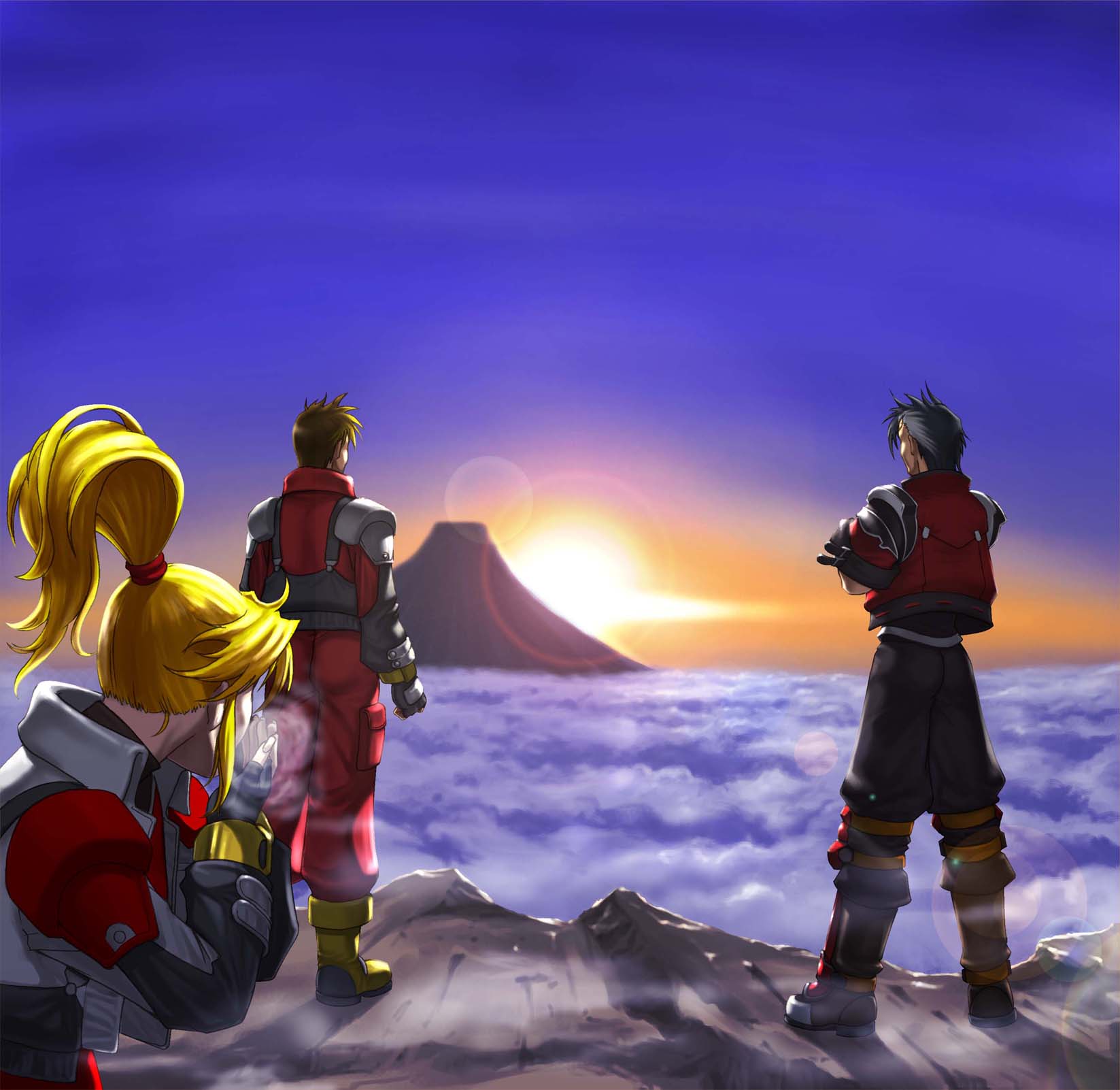 blonde_hair boots breath cloud clouds crossed_arms crossover excellen_browning fingerless_gloves from_behind gloves highres kazue kyousuke_nanbu lens_flare male mountain mountaintop namco_x_capcom nanbu_kyosuke ponytail sky steam sunset super_robot_wars uniform