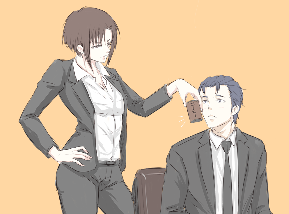 1boy 1girl aoyanagi_risa astroh0 black_hair brown_hair chair cup formal hand_on_hip necktie psycho-pass short_hair simple_background sitting suit teppei_sugo