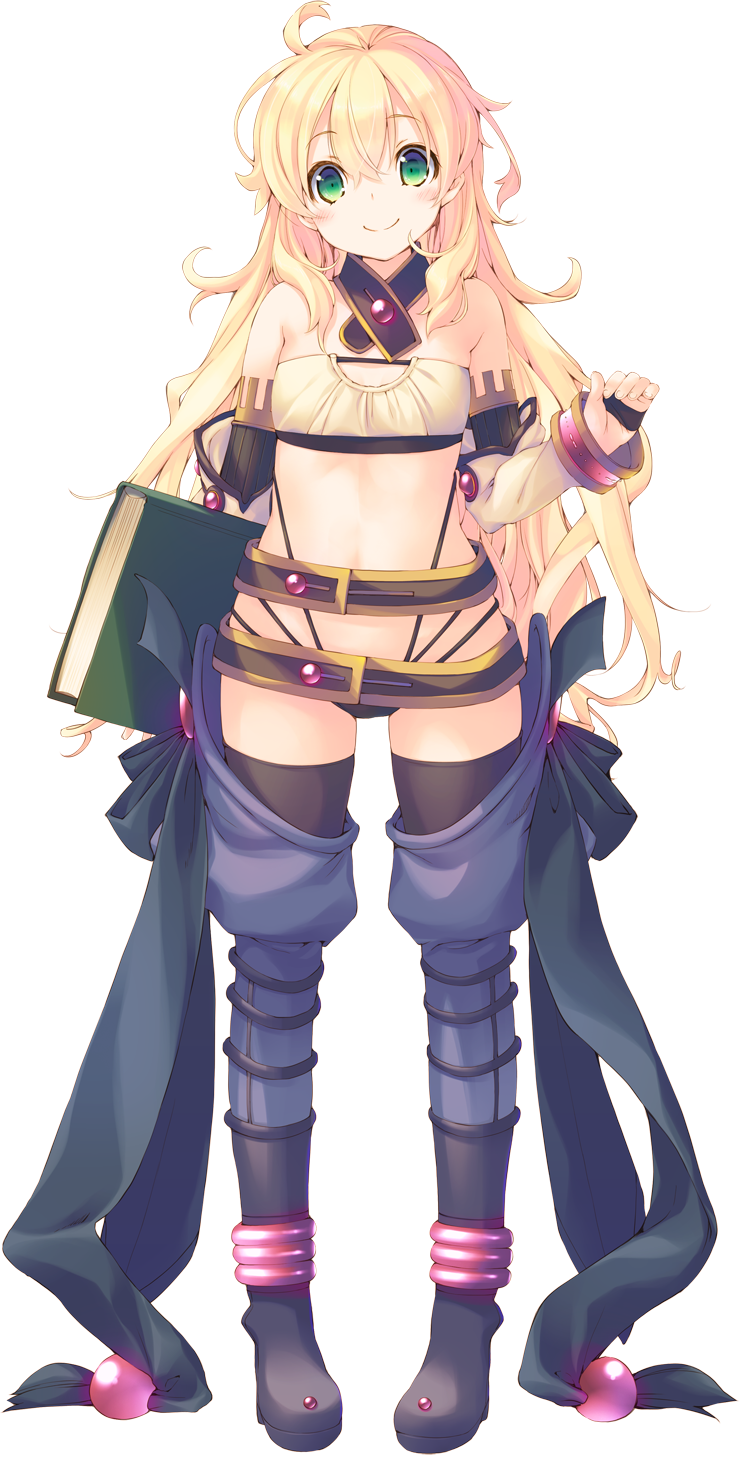 1girl aquaplus blonde_hair book boots detached_sleeves dungeon_travelers_2 erthuricia_vitor_de_ritzhevin full_body highres holding kokonoka long_hair looking_at_viewer official_art smile solo thigh-highs transparent_background