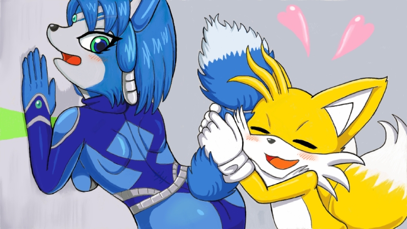 1boy 1girl blue_hair blush bodysuit closed_eyes crossover fox furry gloves happy heart hug jewelry krystal looking_back miiverse miles_prower nintendo open_mouth sega short_hair simple_background size_difference smile solo sonic_the_hedgehog star_fox tail taka0409