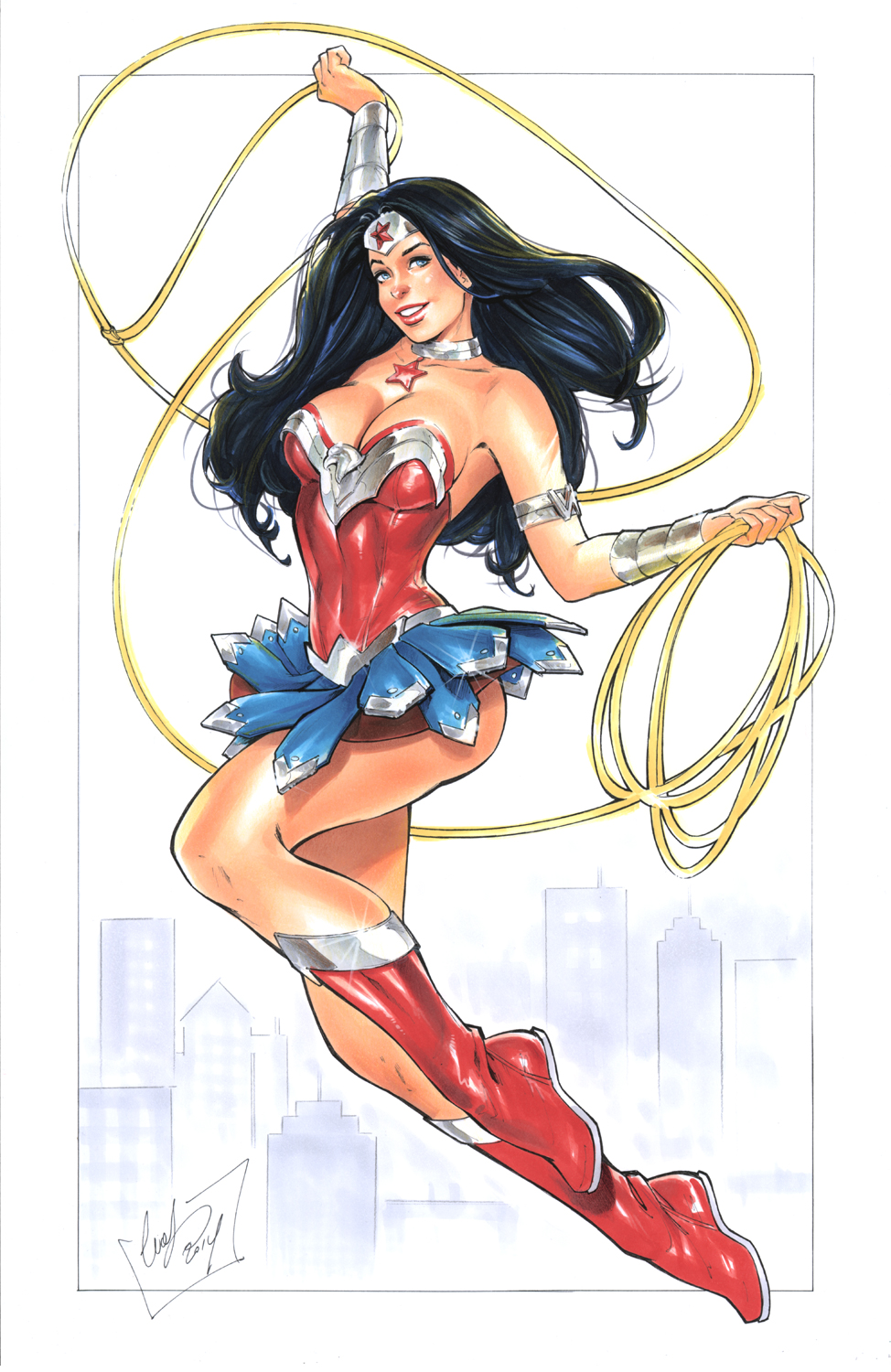 1girl bare_shoulders black_hair blue_eyes boots choker city dc_comics elias_chatzoudis flying lasso lasso_of_truth princess pteruges red_shoes shoes sleeveless smile solo strapless tiara vambraces wonder_woman wonder_woman_(series)