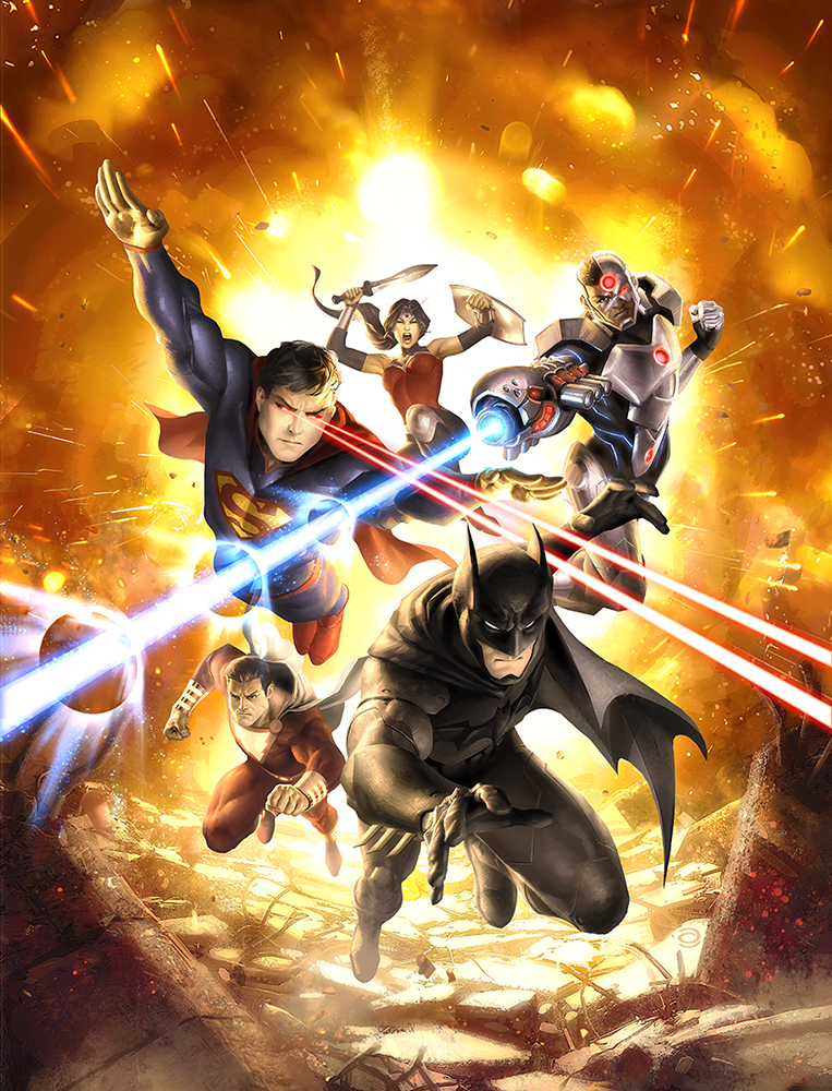 1girl 4boys alien amazon arm_cannon armor batman batman_(series) billy_batson black_cape black_hair blue_eyes bodysuit boots bruce_wayne cape cyborg cyborg_(dc) dark_skin dc_comics detached_sleeves explosion fire flying gauntlets glowing glowing_eyes justice_league kryptonian magic mask multiple_boys neon_trim open_mouth ponytail princess red_cape running s_shield shazam shield superhero superman superman_(series) sword tiara vambraces victor_stone weapon white_cape wonder_woman wonder_woman_(series)