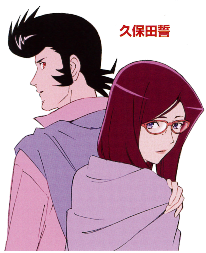 1boy 1girl alternate_hairstyle back-to-back dandy_(space_dandy) glasses official_art pompadour redhead scarlet_(space_dandy) space_dandy