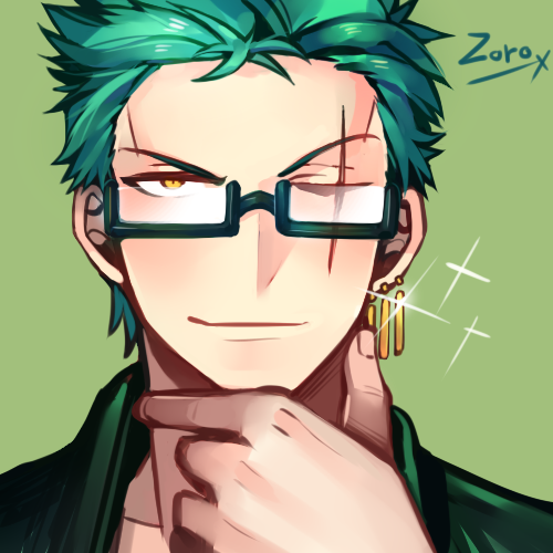 1boy character_name earrings glasses green_background green_hair jewelry one-eyed one_piece roronoa_zoro sanme scar simple_background solo yellow_eyes