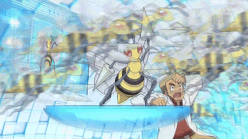 1boy animated animated_gif beedrill ookido_yukinari pokemon pokemon_(anime) swarm