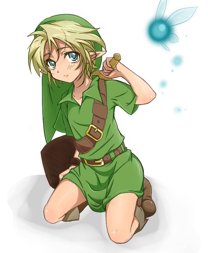 1boy blonde_hair blue_eyes child clenched_hand hat kneeling link looking_at_viewer male_focus mimitchilove navi pointy_ears shiny shiny_skin simple_background solo the_legend_of_zelda the_legend_of_zelda:_ocarina_of_time white_background young_link younger