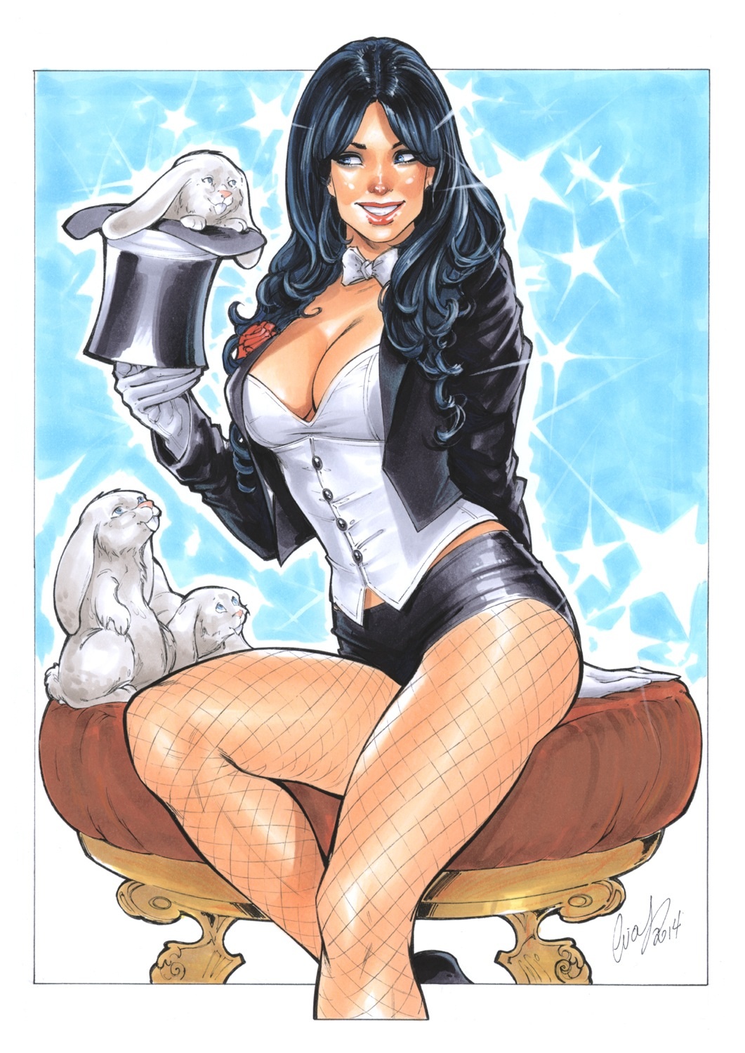 1girl black_hair blue_eyes bow bowtie breasts cleavage corset cropped_jacket curly_hair dc_comics elias_chatzoudis fishnet_pantyhose fishnets gloves hat hat_removed headwear_removed jacket large_breasts lipstick long_hair looking_to_the_side makeup pantyhose rabbit rabbit shorts sitting smile solo sparkle star stool top_hat waistcoat white_gloves zatanna_zatara