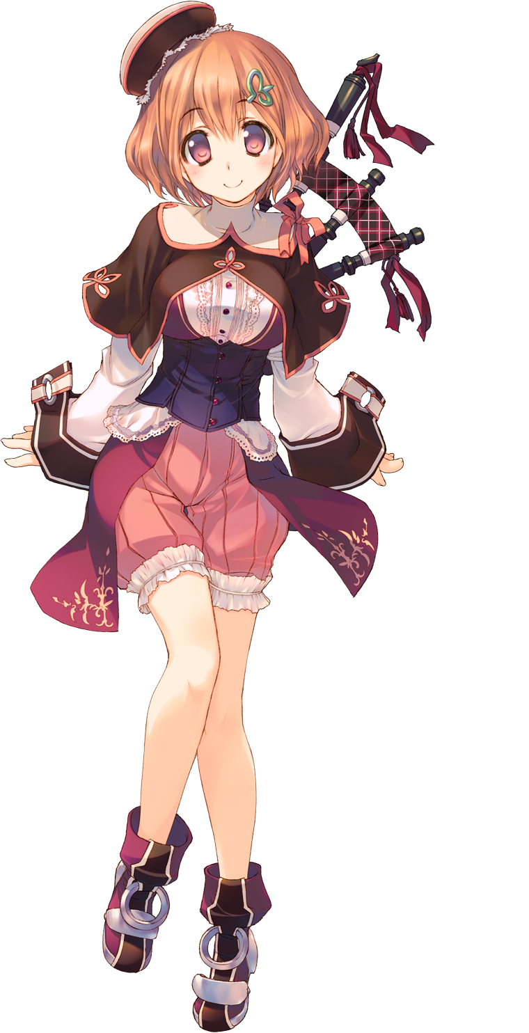 1girl amazuyu_tatsuki breasts dungeon_travelers_2 full_body hair_ornament hairclip hat highres large_breasts long_sleeves looking_at_viewer official_art red_eyes short_hair smile solo transparent_background yuni_korgtech