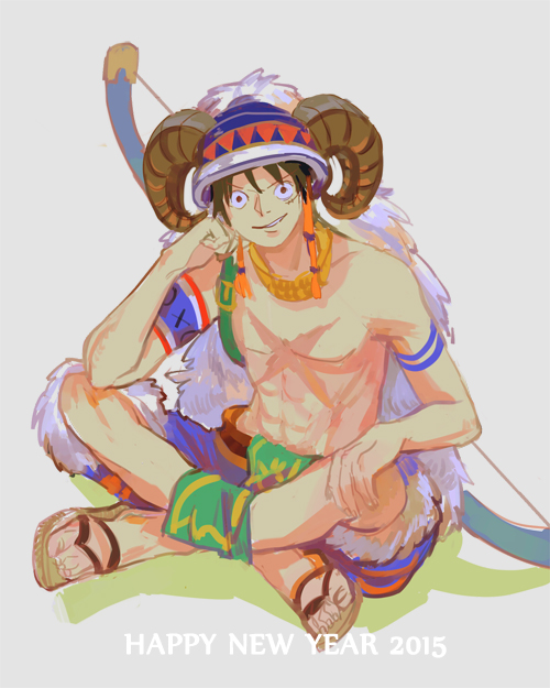 10s 1boy 2015 abs bodypaint bow_(weapon) chin_rest helmet horns indian_style jewelry kirayoci leaning loincloth monkey_d_luffy necklace new_year one_piece sandals scar shorts sitting smile solo topless weapon