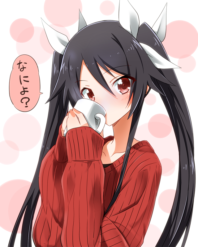 1girl black_hair blush bow collarbone cup drinking female hair_bow long_sleeves looking_at_viewer ore_twintail_ni_narimasu red_eyes sleeves_past_wrists solo sweater translated tsube_aika twintails yuto_(dialique)