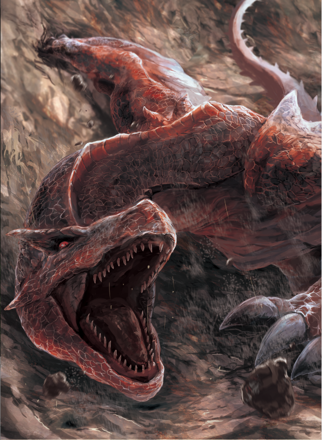 capcom claws monster monster_hunter no_humans open_mouth red_eyes scales tail teeth tigrex wings