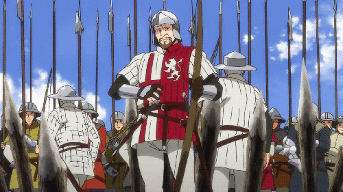 6+boys animated animated_gif bow clouds helmet junketsu_no_maria looking_at_viewer medieval multiple_boys outdoors polearm sky spear standing taunting v war weapon