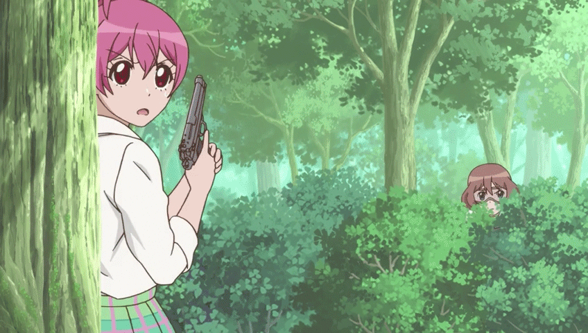 animated animated_gif blood brown_hair gun pink_hair sabagebu! school_uniform sonokawa_momoka violence weapon