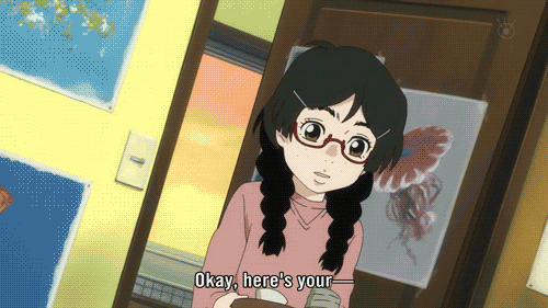 1boy 1girl animated animated_gif glasses koibuchi_kuranosuke kuragehime kurashita_tsukimi subtitled