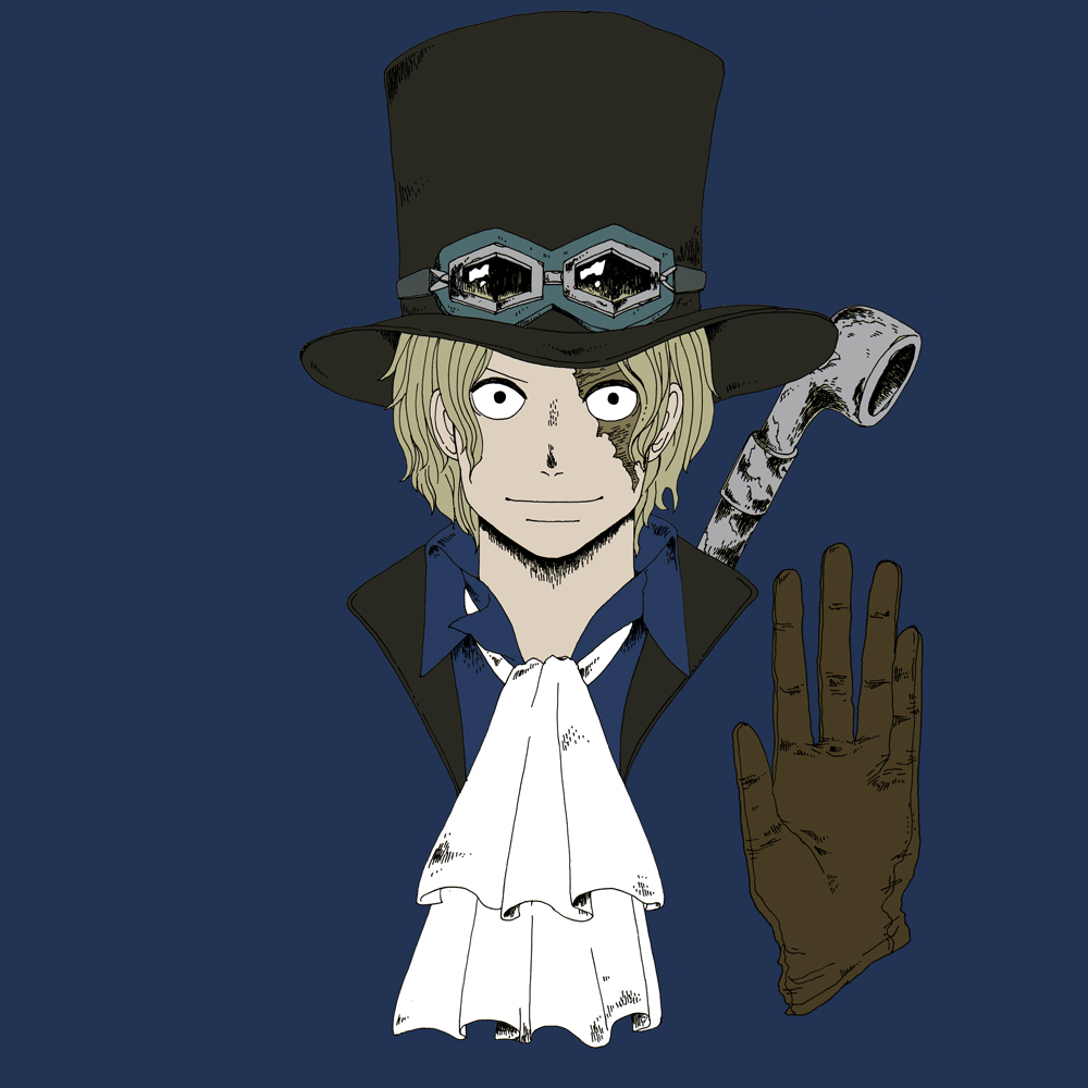 1boy blonde_hair blue color_background cravat gloves goggles goggles_on_hat hat one_piece pole sabo_(one_piece) scar simple_background solo top_hat