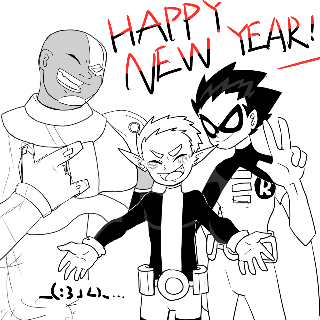 10s 2015 3boys bald beast_boy_(dc) belt blush bodysuit cape closed_eyes cyborg cyborg_(dc) dark_skin dc_comics dick_grayson domino_mask fang garfield_logan gloves mask monochrome multiple_boys new_year open_mouth pointy_ears robin_(dc) short_sleeves smile teen_titans trio v victor_stone