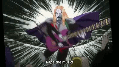 animated animated_gif blonde_hair cape detroit_metal_city facepaint johannes_krauser_ii lowres makeup multiple_boys subtitled you_gonna_get_raped