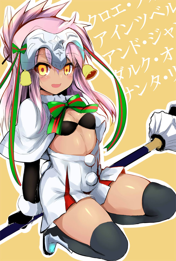 1girl arms_behind_back bell bikini_top black_legwear capelet chloe_von_einzbern commentary_request cosplay cross dark_skin elbow_gloves fate/grand_order fate/kaleid_liner_prisma_illya fate_(series) fur_trim gloves hair_ribbon headpiece holding holding_weapon jeanne_alter jeanne_alter_(santa_lily)_(fate) jeanne_alter_(santa_lily)_(fate)_(cosplay) kneeling long_hair looking_at_viewer open_mouth pink_hair polearm pom_pom_(clothes) ribbon ruler_(fate/apocrypha) sen_(astronomy) shiny shiny_skin shoes skirt solo spear star striped striped_ribbon thigh-highs tied_hair translation_request weapon yellow_background yellow_eyes zettai_ryouiki