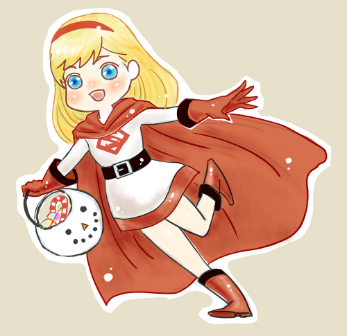 1girl belt blonde_hair blue_eyes boots candy candy_cane cape christmas dc_comics dress gloves hairband kryptonian outstretched_arms red_cape red_gloves red_shoes running s_shield shoes smile solo spread_arms supergirl superman_(series)