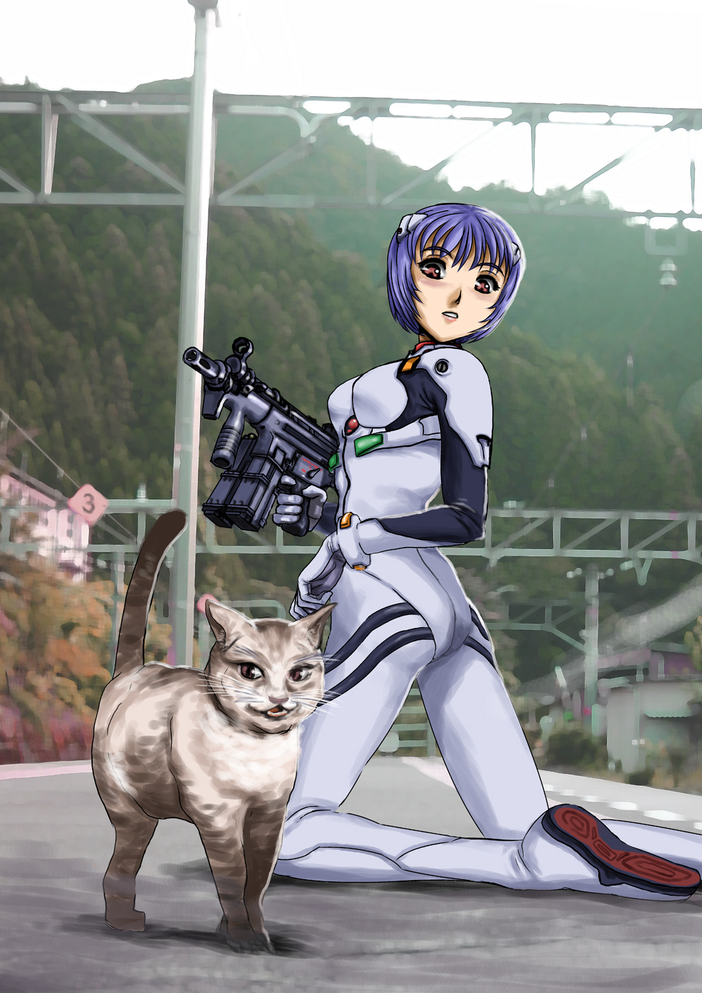 1girl ass ayanami_rei blue_hair bodysuit breasts cat from_behind gun h&amp;k_mp5k hairpods heckler_&amp;_koch highres kneeling looking_back magazine_(weapon) neon_genesis_evangelion photo_background plugsuit pork_(fordfairlane) submachine_gun vertical_foregrip violet_eyes weapon