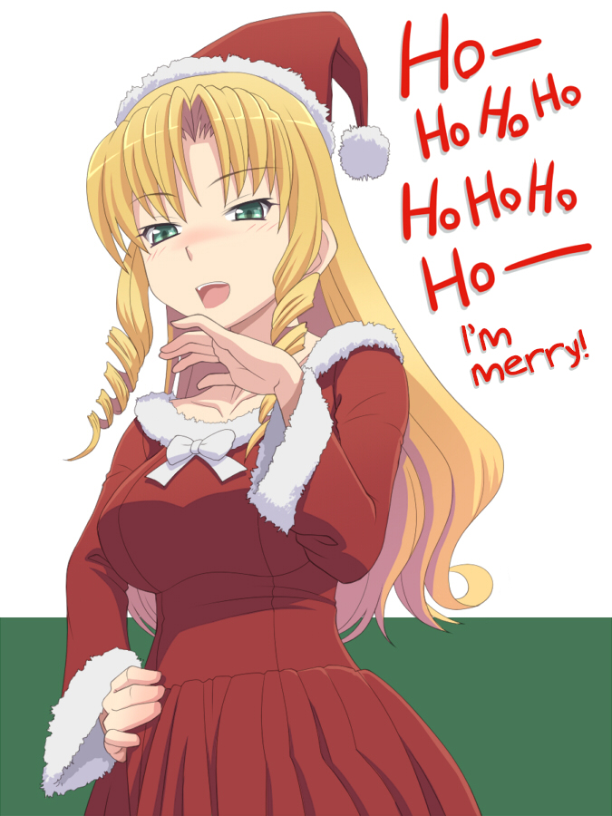 1girl blonde_hair blush breasts christmas drill_hair green_eyes hand_on_hip hard_translated hat large_breasts laughing long_hair meow_(nekodenki) ojou-sama_pose original parody pun santa_costume santa_hat solo translated