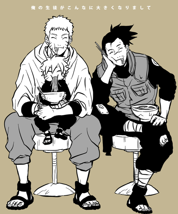 3boys ahoge black_&amp;_white bowl closed_eyes eating emblem father_and_son food hood hoodie male_focus multiple_boys naruto noodles ramen sandals scar sitting sitting_on_lap sitting_on_person spiky_hair spoilers stool toeless_legwear tomodachinko topknot umino_iruka uzumaki_boruto uzumaki_naruto whiskers