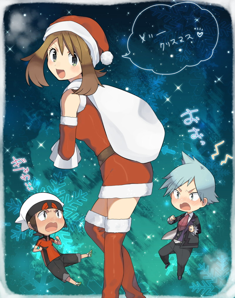 10s christmas dress haruka_(pokemon) haruka_(pokemon)_(remake) hat petagon pokemon pokemon_(game) pokemon_oras santa_costume santa_hat skirt smile tsuwabuki_daigo yuuki_(pokemon) yuuki_(pokemon)_(remake)