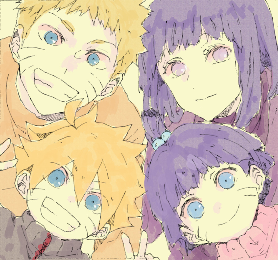 ahoge blonde_hair blue_eyes blue_hair facial_mark family father_and_daughter father_and_son husband_and_wife hyuuga_hinata mother_and_daughter mother_and_son naruto smile spiky_hair uzumaki_boruto uzumaki_himawari uzumaki_hinata uzumaki_naruto whisker_markings