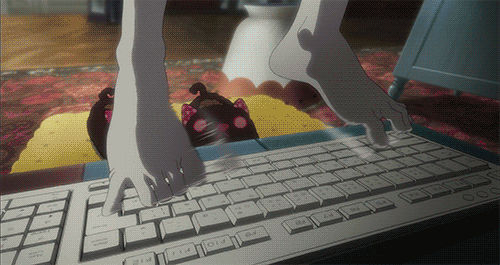 1girl animated animated_gif barefoot blood-c blood-c_the_last_dark computer_keyboard feet solo toes typing