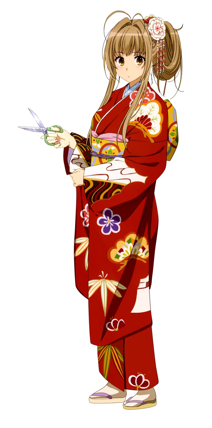 1girl amagi_brilliant_park antenna_hair artist_request blush brown_hair female floral_print hair_intakes hands_together highres japanese_clothes kimono looking_at_viewer new_year obi resized sash scissors sento_isuzu solo yellow_eyes